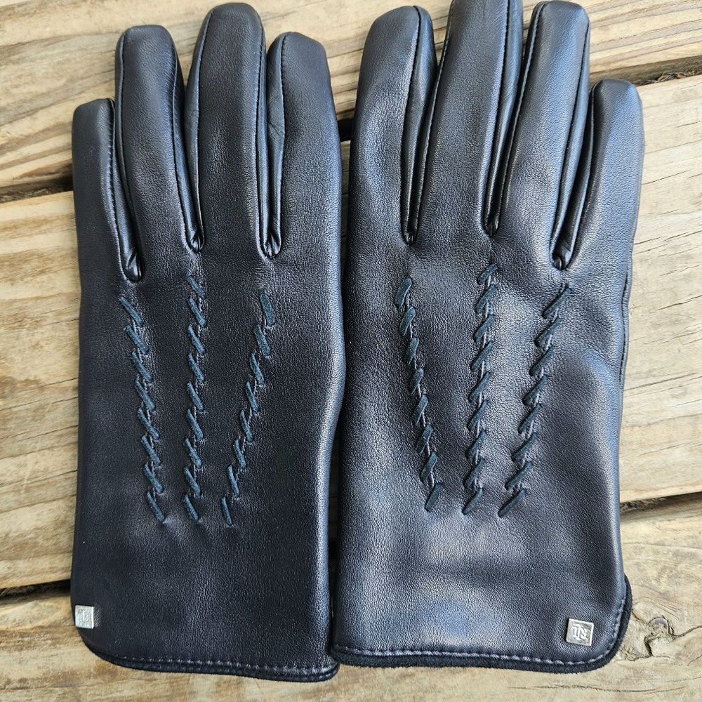 Lauren Ralph Lauren 100% Leather Black Whipstich Tech Touch Gloves Women's S/M